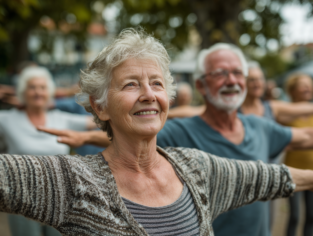 Група людей середнього віку займається йогою на природі